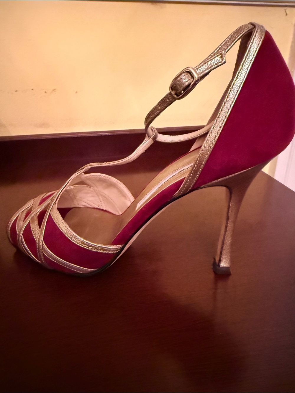 Brian Atwood Gold Strappy Heels with Red Footbed - Picture 5 of 5